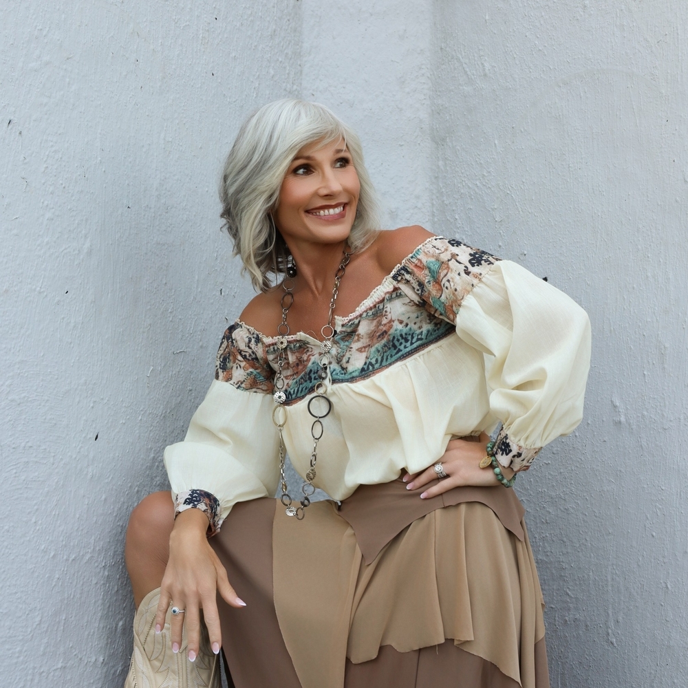 Boho Off-Shoulder Cream Peasant Top with Printed Yoke